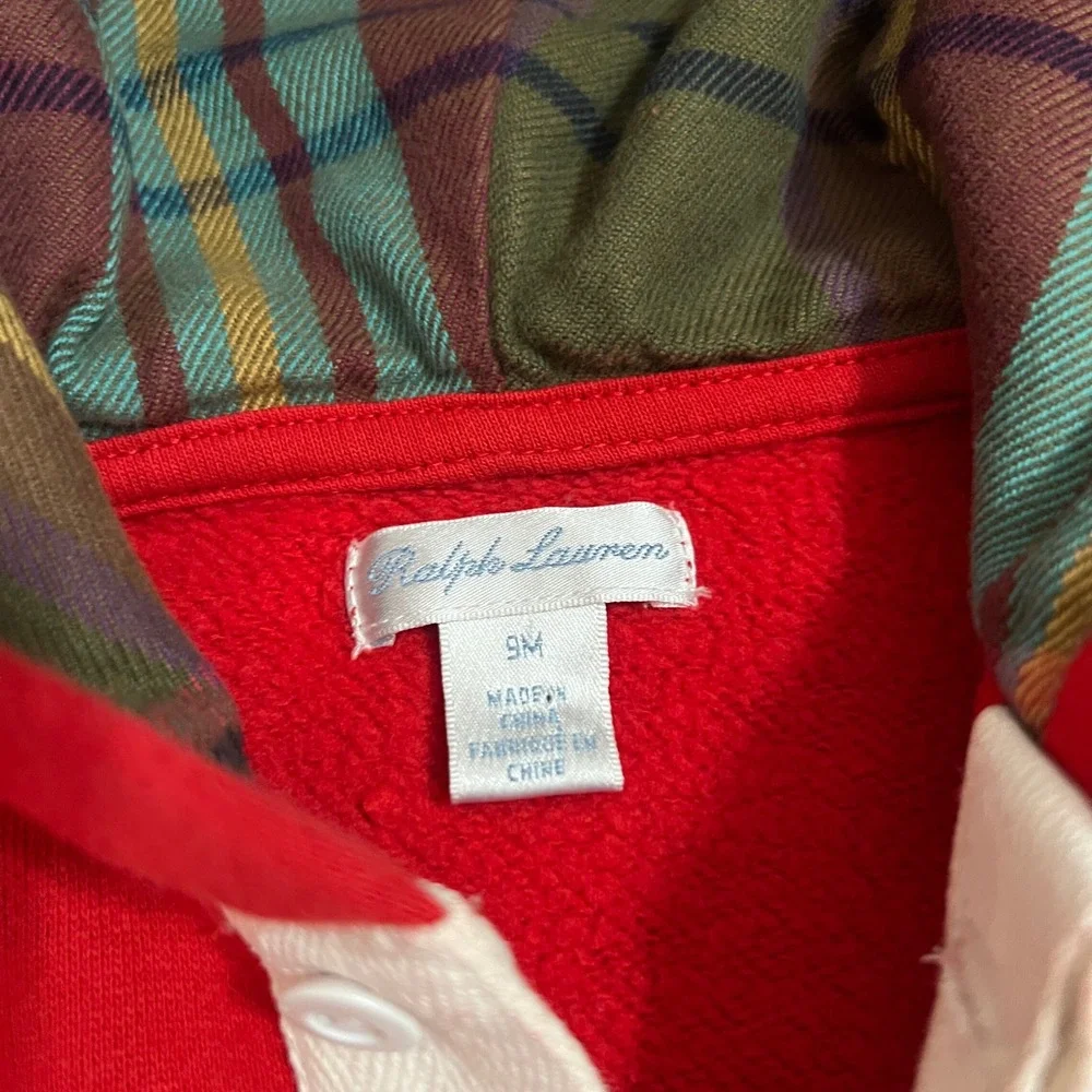 Ralph Lauren Baby Red Plaid Lined‎ Hoodie Romper Onesie 9M
